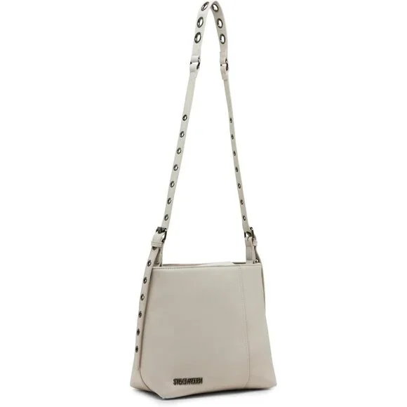 Women's Grommet Bucket Bag Chalk Leather Adjustable Strap Magnetic Closure